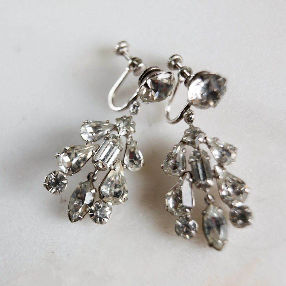 Vintage Screw Back Rhinestone Chandelier Earrings